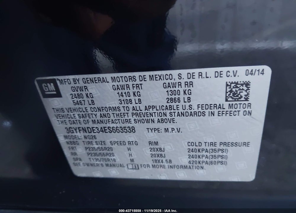 2014 CADILLAC SRX PREMIUM COLLECTION VIN: 3GYFNDE34ES663538