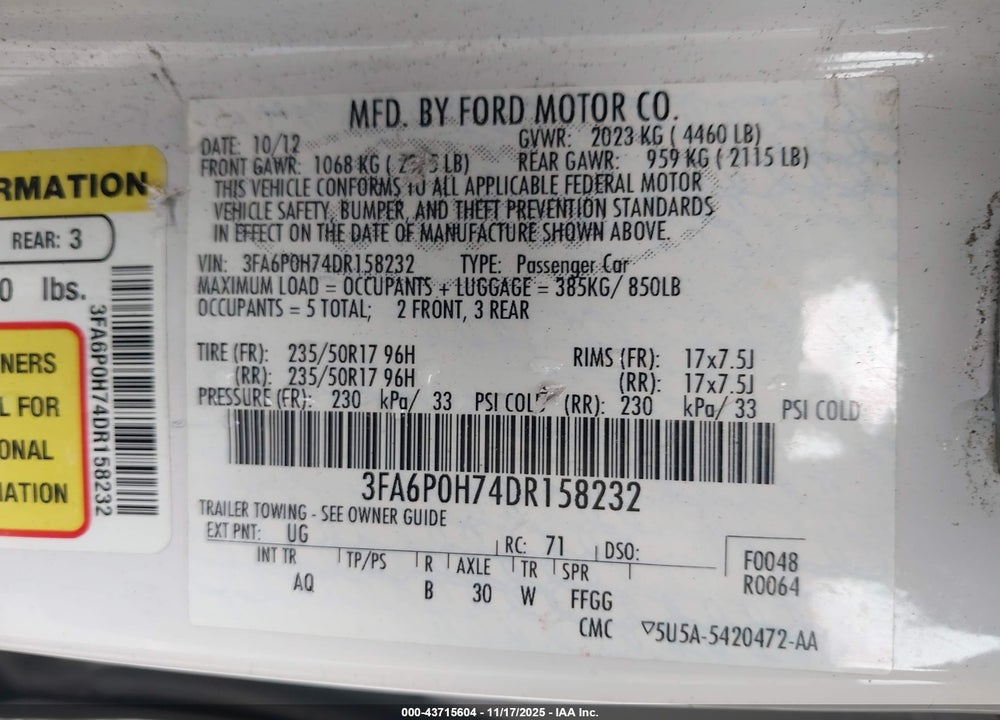 2013 FORD FUSION SE VIN: 3FA6P0H74DR158232