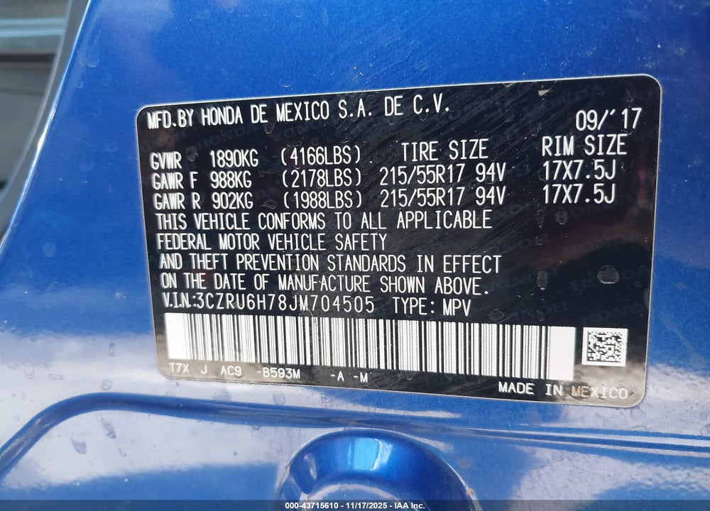 2018 HONDA HR-V EX-L VIN: 3CZRU6H78JM704505