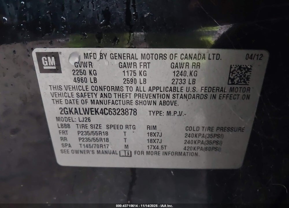 2012 GMC TERRAIN SLT-2 VIN: 2GKALWEK4C6323878