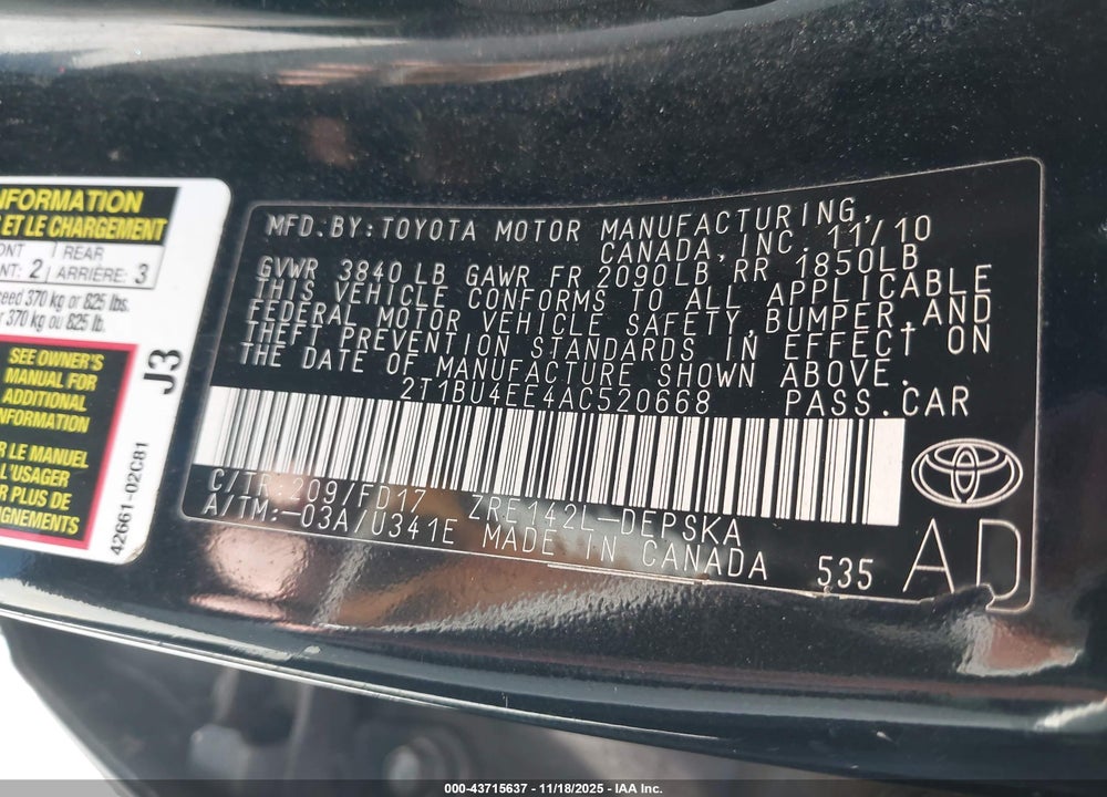 2010 TOYOTA COROLLA S VIN: 2T1BU4EE4AC520668