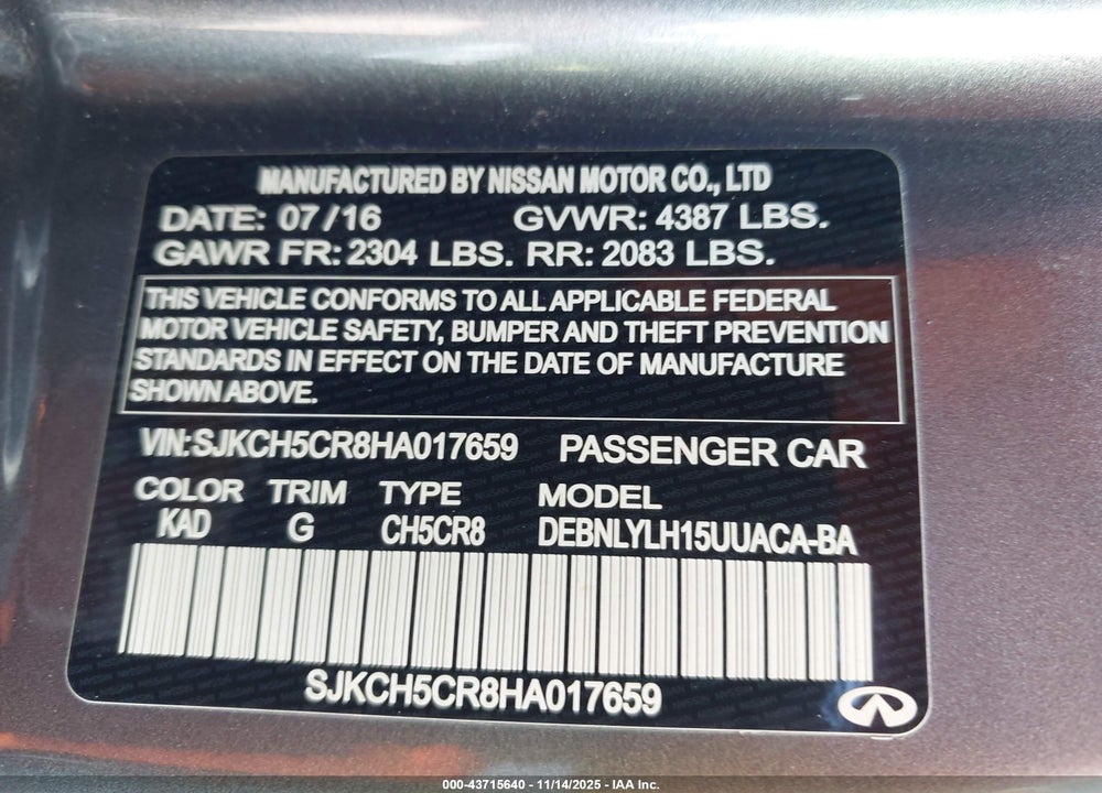 2017 INFINITI QX30 PREMIUM VIN: SJKCH5CR8HA017659