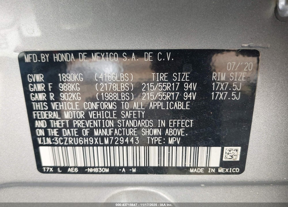 2020 HONDA HR-V AWD TOURING VIN: 3CZRU6H9XLM729443