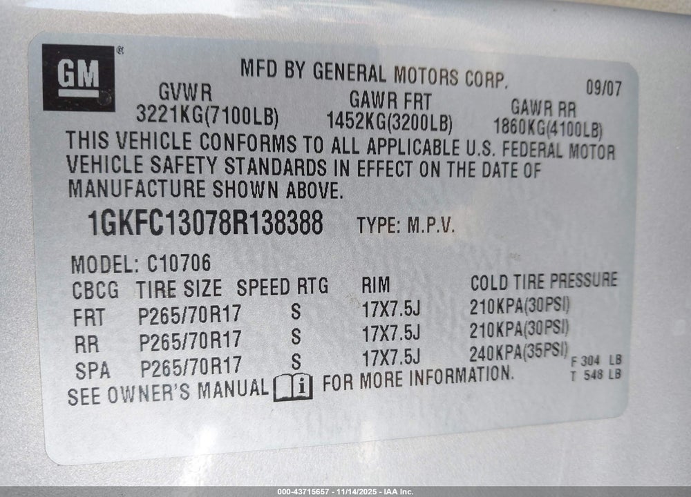 2008 GMC YUKON SLT VIN: 1GKFC13078R138388