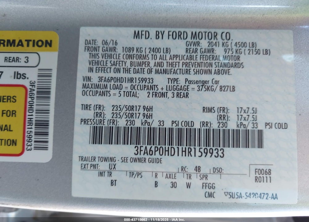 2017 FORD FUSION SE VIN: 3FA6P0HD1HR159933