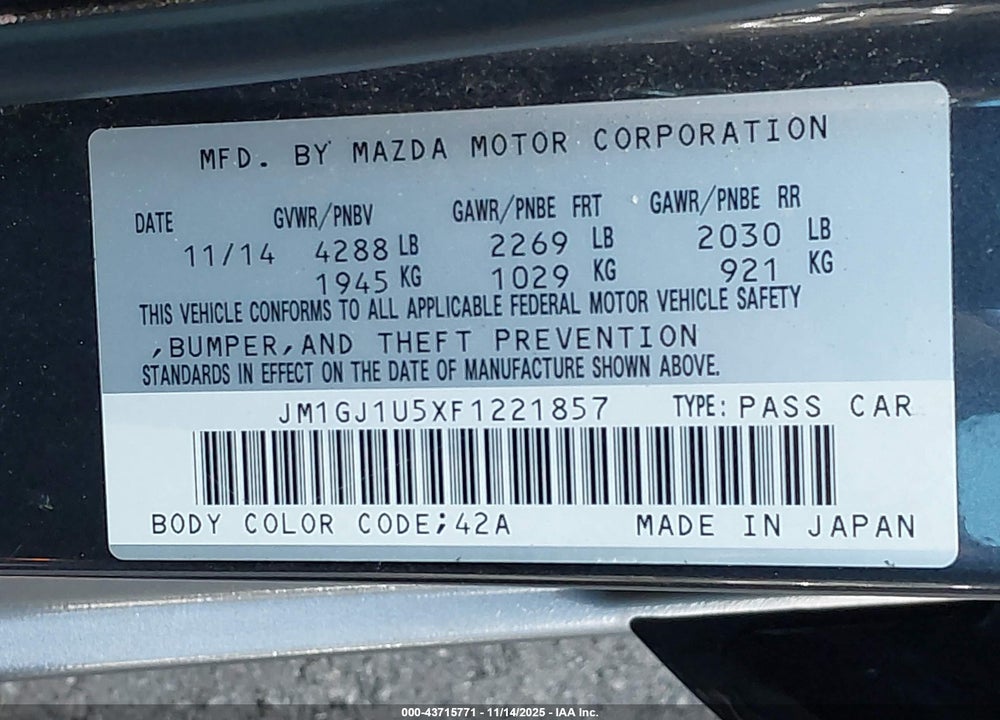 2015 MAZDA 6 I SPORT VIN: JM1GJ1U5XF1221857