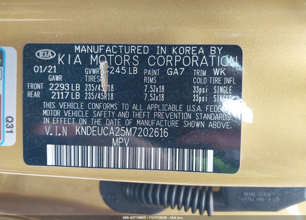 2021 KIA SELTOS VIN: KNDEUCA25M7202616