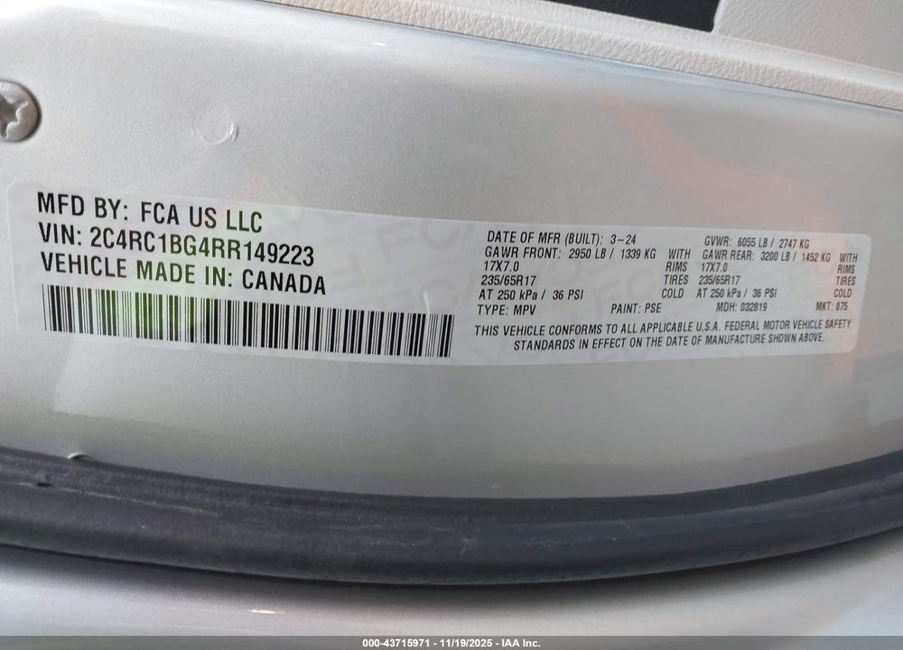2024 CHRYSLER PACIFICA TOURING L VIN: 2C4RC1BG4RR149223
