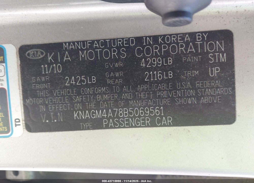 2011 KIA OPTIMA VIN: KNAGM4A78B5069561