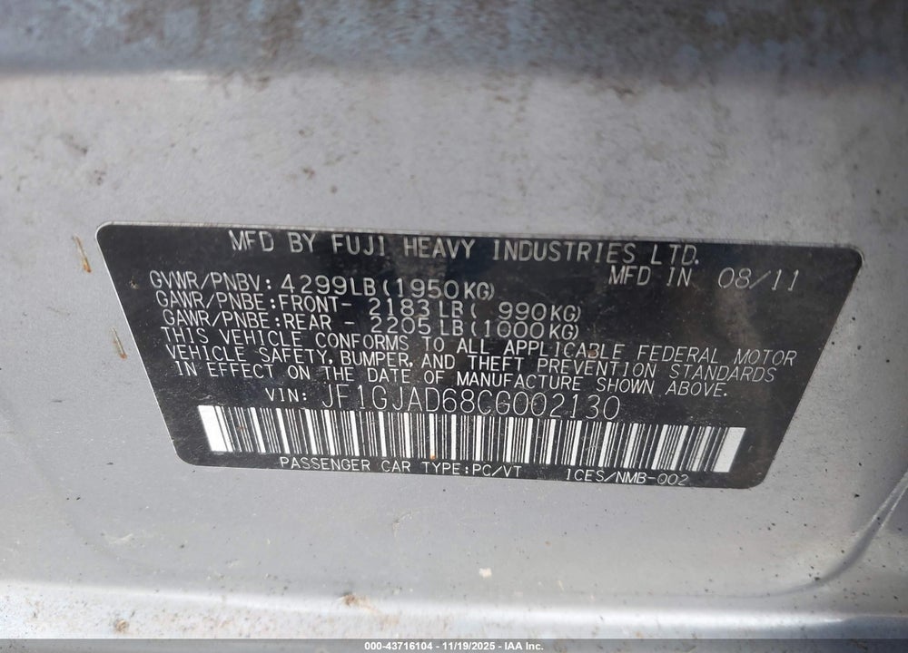 2012 SUBARU IMPREZA 2.0I PREMIUM VIN: JF1GJAD68CG002130
