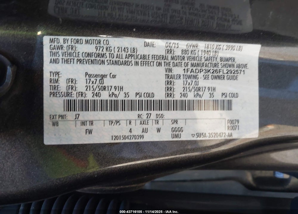 2015 FORD FOCUS SE VIN: 1FADP3K26FL292571