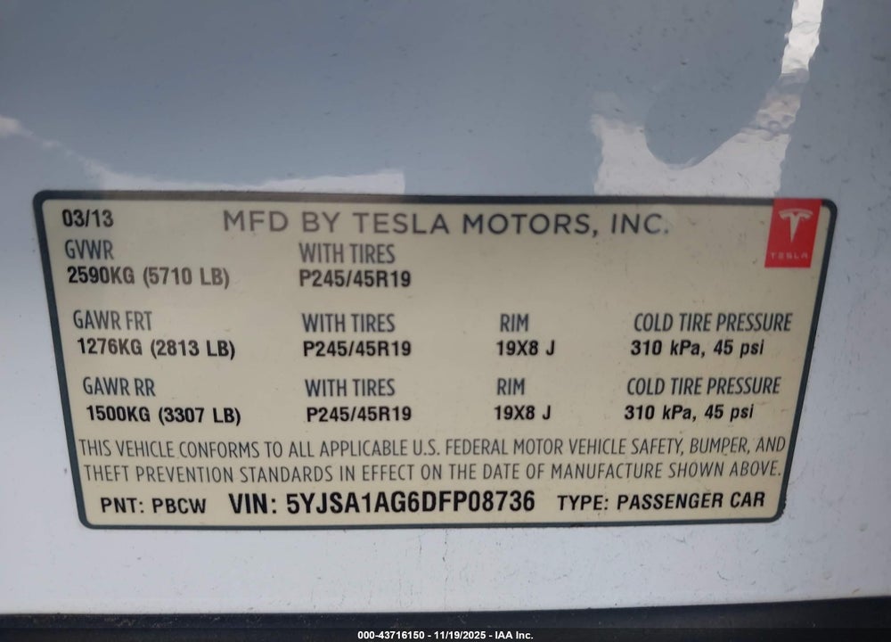 2013 TESLA MODEL S VIN: 5YJSA1AG6DFP08736