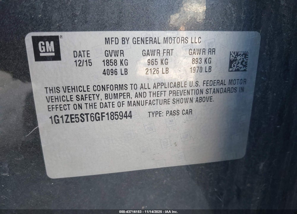 2016 CHEVROLET MALIBU 1LT VIN: 1G1ZE5ST6GF185944