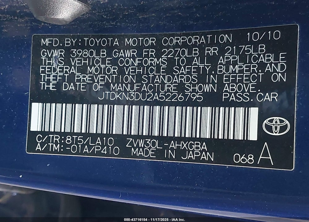 2010 TOYOTA PRIUS IV VIN: JTDKN3DU2A5226795