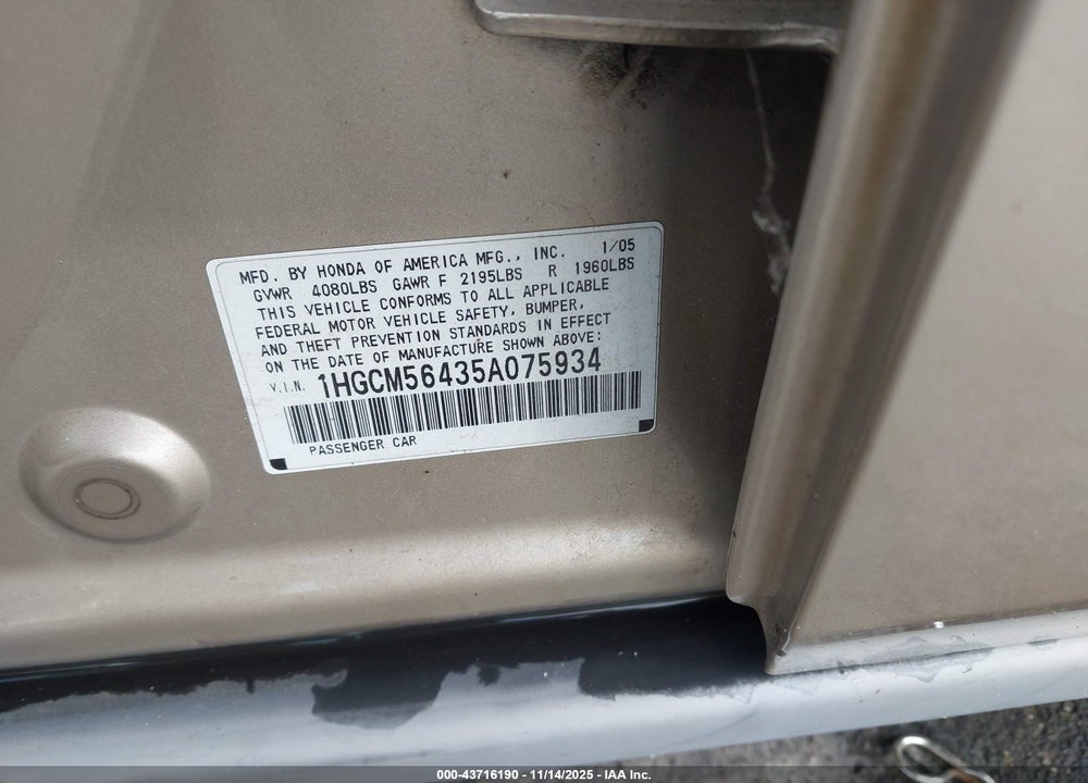 2005 HONDA ACCORD 2.4 LX VIN: 1HGCM56435A075934