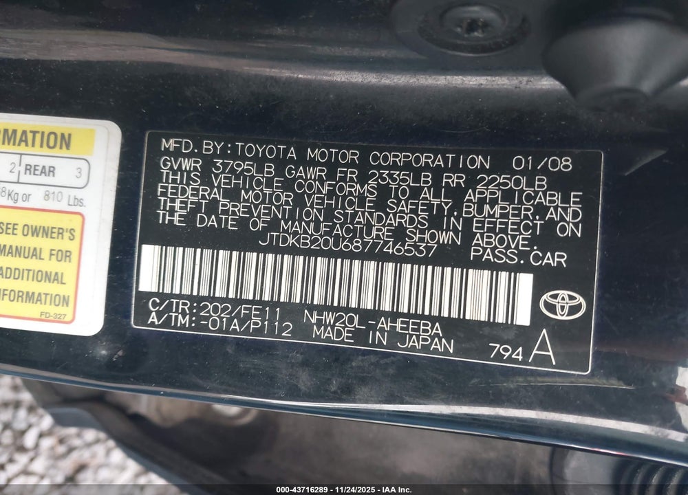2008 TOYOTA PRIUS VIN: JTDKB20U687746537
