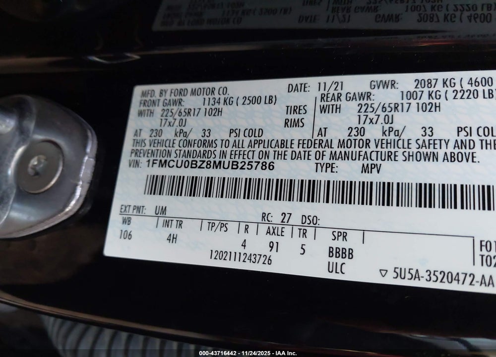 2021 FORD ESCAPE SE HYBRID VIN: 1FMCU0BZ8MUB25786