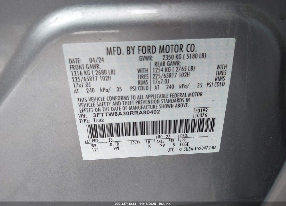 2024 FORD MAVERICK XL VIN: 3FTTW8A30RRA80402