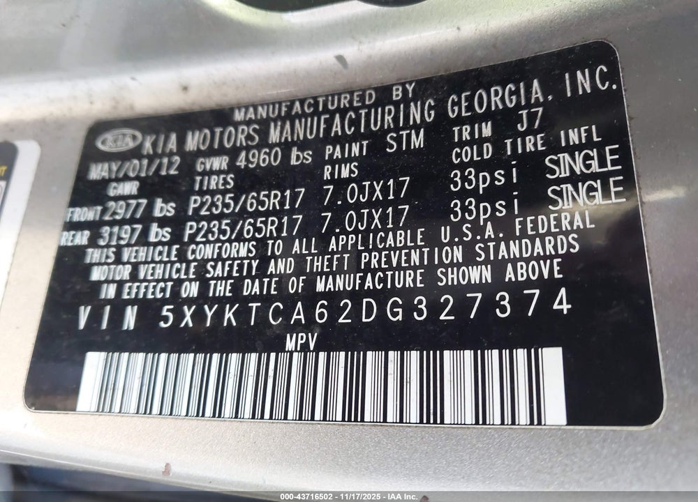 2013 KIA SORENTO VIN: 5XYKTCA62DG327374