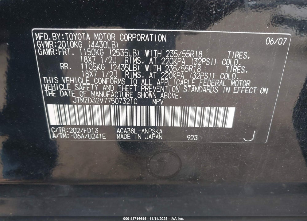 2007 TOYOTA RAV4 SPORT VIN: JTMZD32V775073210
