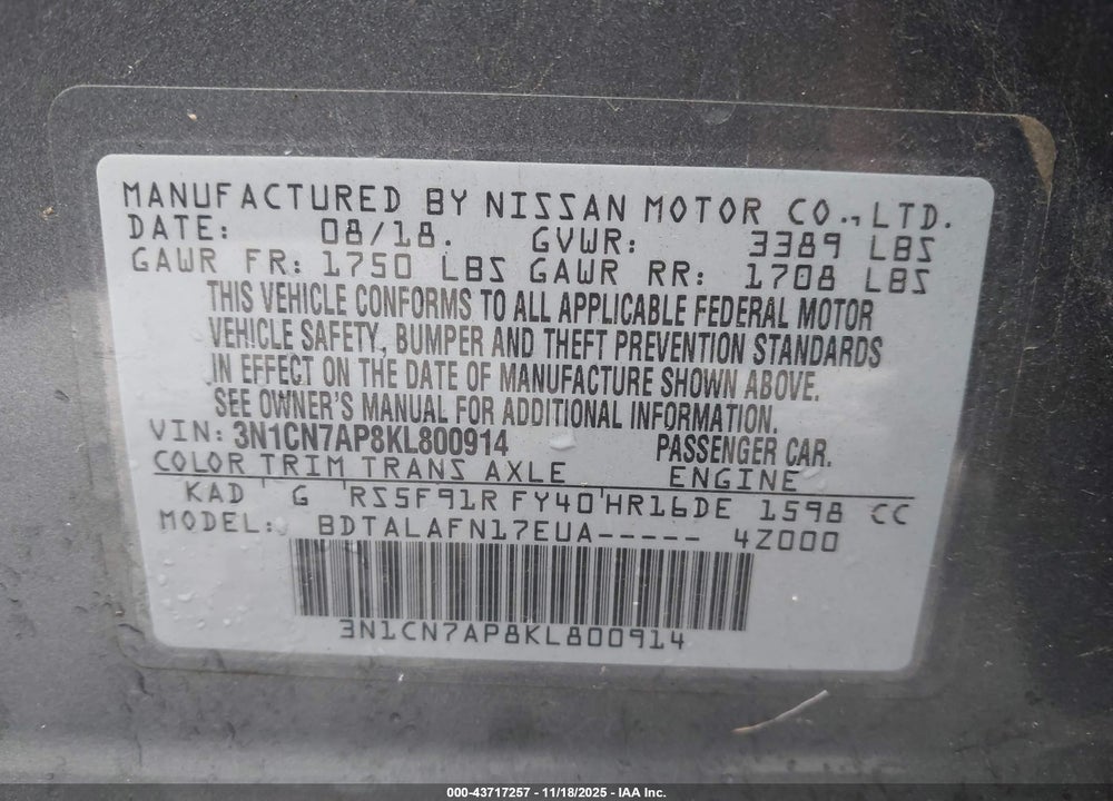 2019 NISSAN VERSA VIN: 3N1CN7AP8KL800914