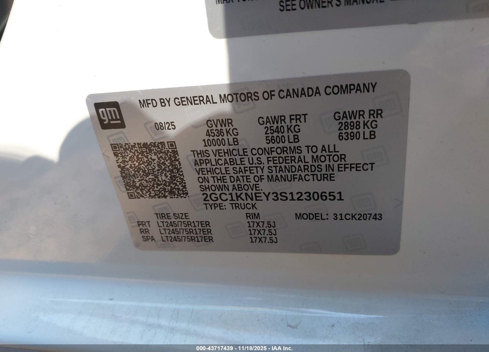 2025 CHEVROLET SILVERADO 2500HD VIN: 2GC1KNEY3S1230651