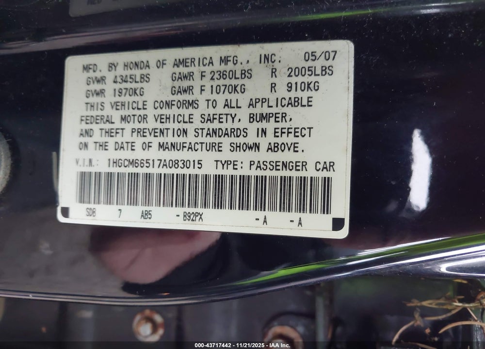 2007 HONDA ACCORD 3.0 EX VIN: 1HGCM66517A083015