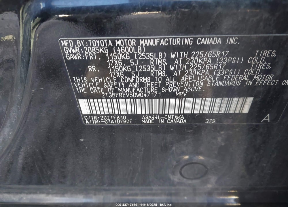 2013 TOYOTA RAV4 VIN: 2T3BFREV5DW047171