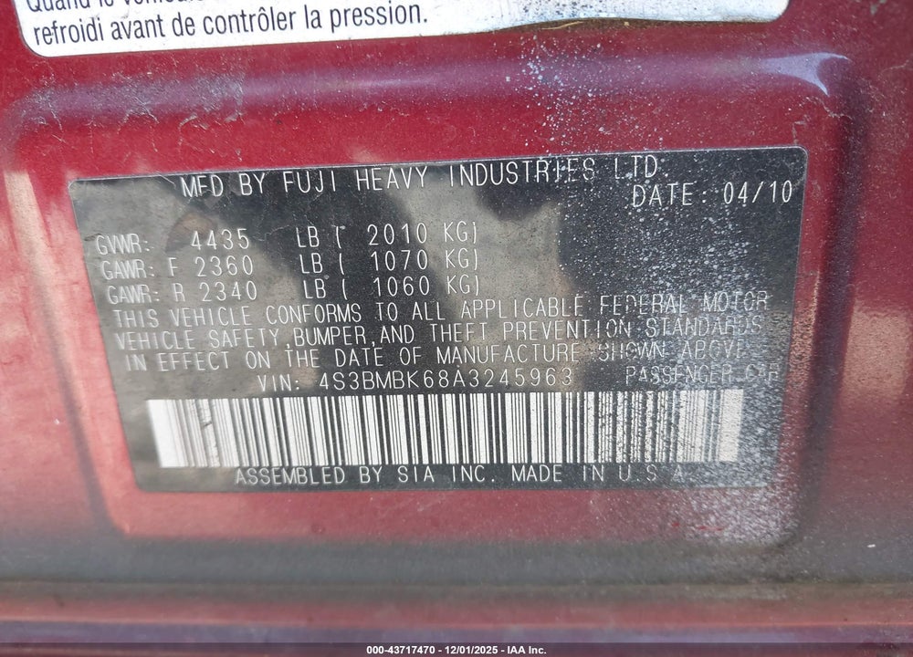 2010 SUBARU LEGACY 2.5I LIMITED VIN: 4S3BMBK68A3245963