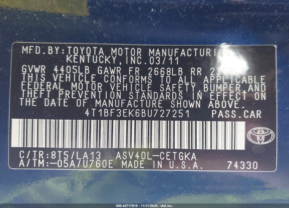 2011 TOYOTA CAMRY VIN: 4T1BF3EK6BU727251