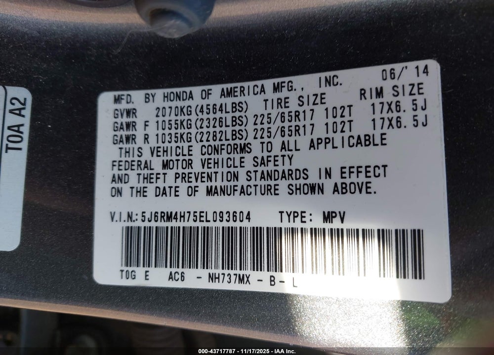 2014 HONDA CR-V EX-L VIN: 5J6RM4H75EL093604
