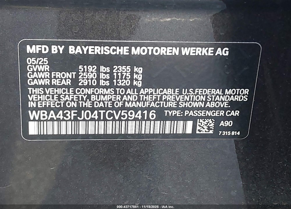2026 BMW 530I VIN: WBA43FJ04TCV59416