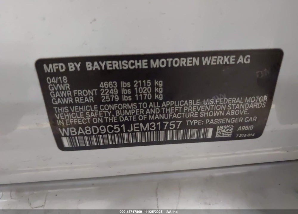 2018 BMW 330I XDRIVE VIN: WBA8D9C51JEM31757