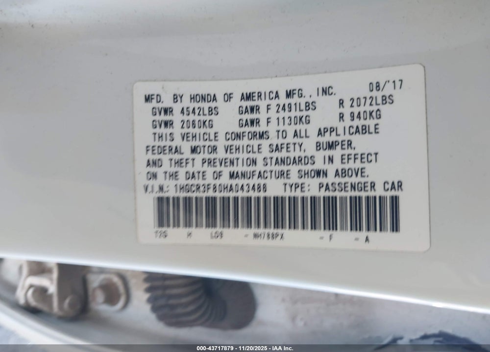 2017 HONDA ACCORD VIN: 1HGCR3F80HA043486