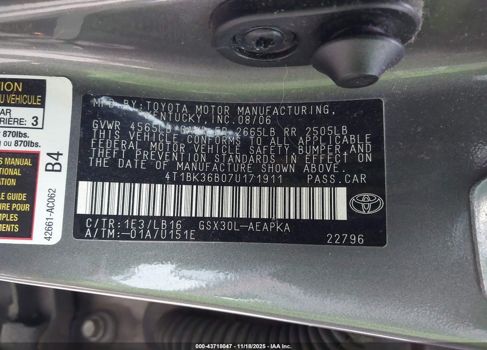 2007 TOYOTA AVALON LIMITED VIN: 4T1BK36B07U171911