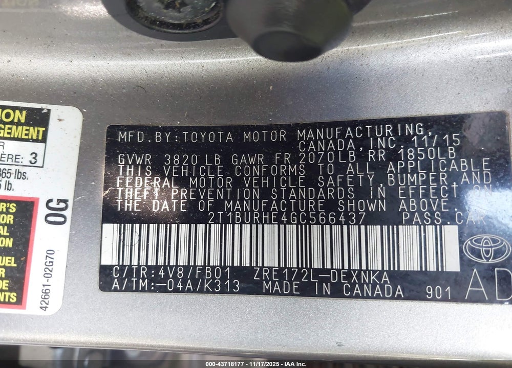 2016 TOYOTA COROLLA LE VIN: 2T1BURHE4GC566437