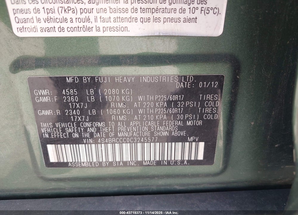 2012 SUBARU OUTBACK 2.5I PREMIUM VIN: 4S4BRCCC0C3245577