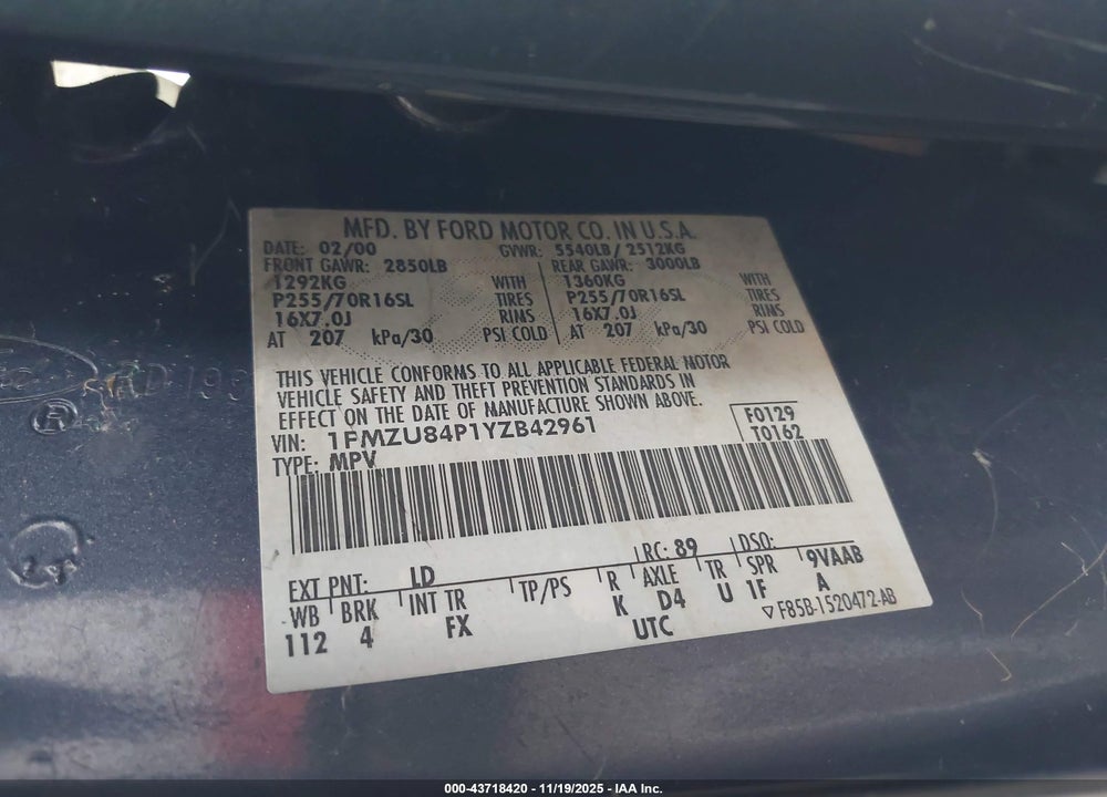 2000 FORD EXPLORER EDDIE BAUER VIN: 1FMZU84P1YZB42961