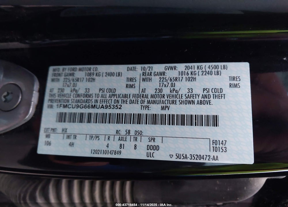 2021 FORD ESCAPE VIN: 1FMCU9G66MUA95352