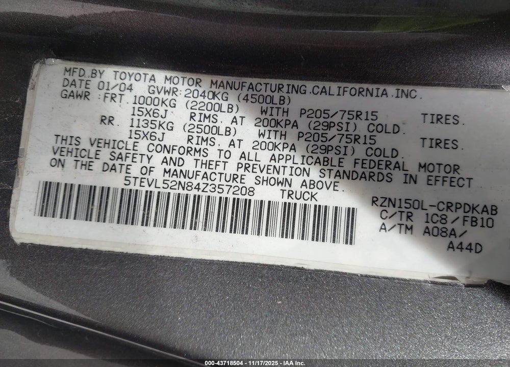2004 TOYOTA TACOMA VIN: 5TEVL52N84Z357208
