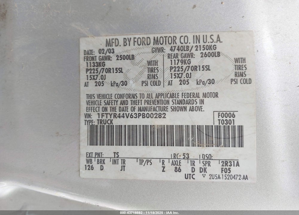 2003 FORD RANGER EDGE/TREMOR/XLT VIN: 1FTYR44V63PB00282