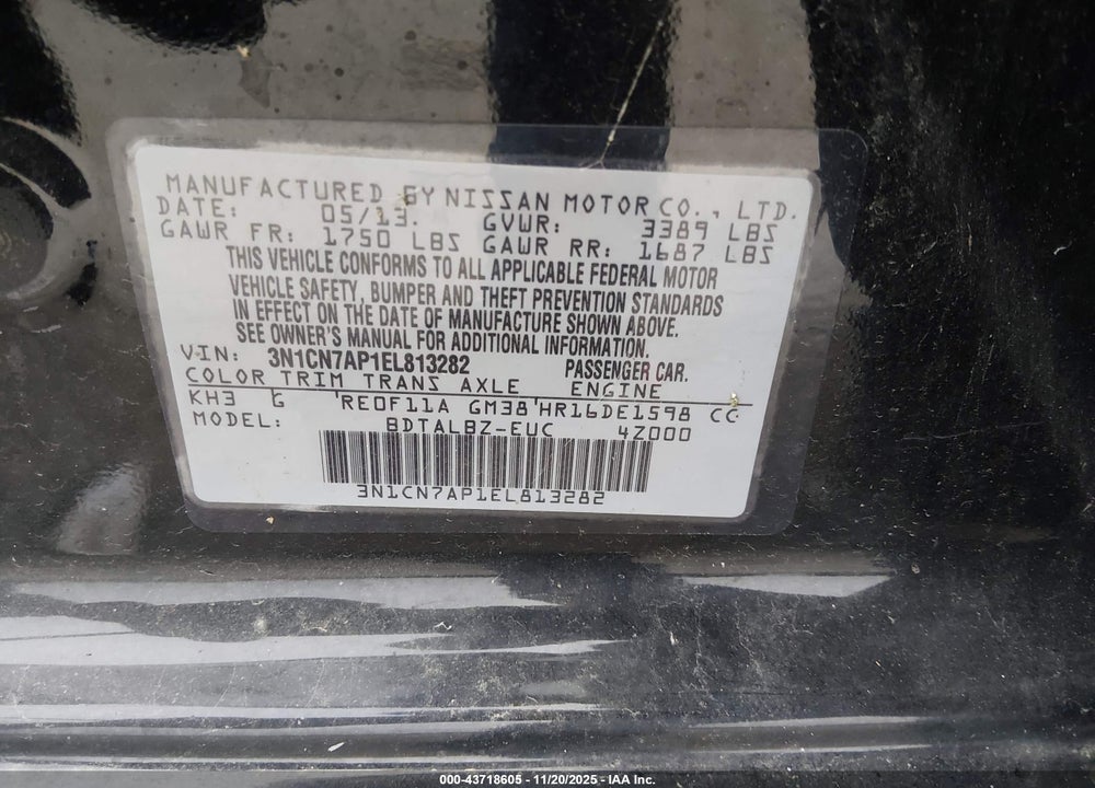 2014 NISSAN VERSA VIN: 3N1CN7AP1EL813282