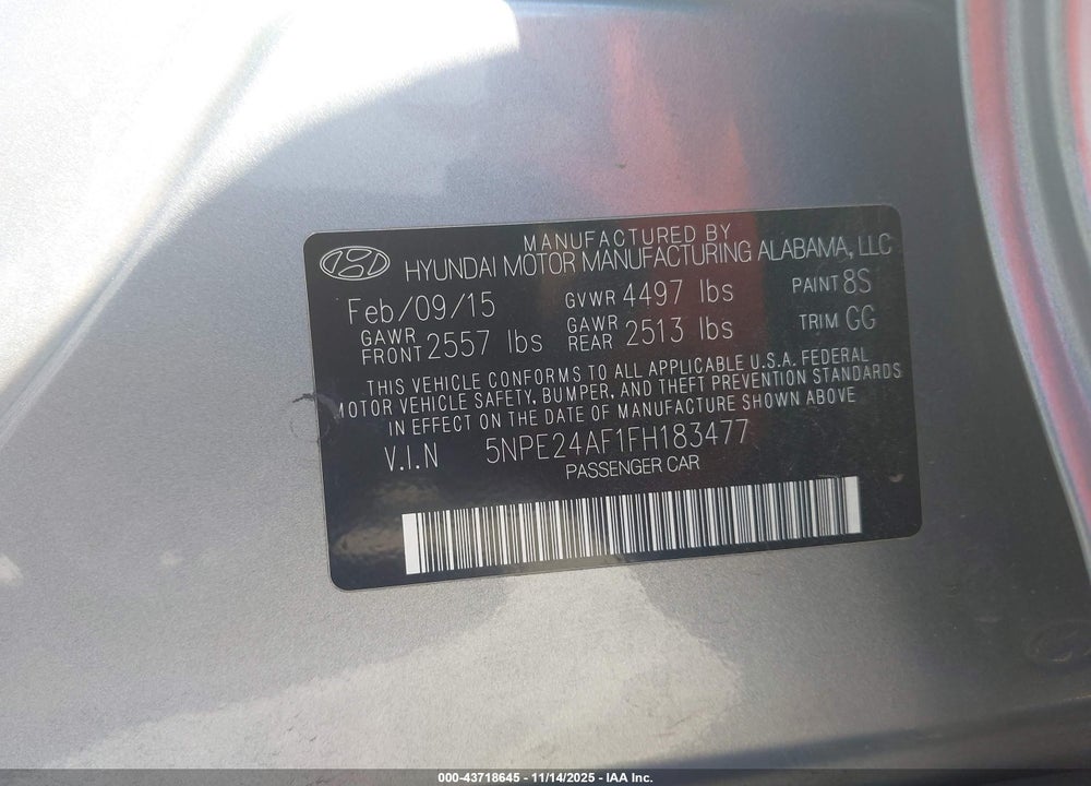 2015 HYUNDAI SONATA SE VIN: 5NPE24AF1FH183477