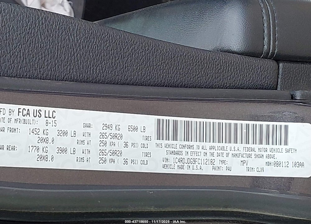 2015 DODGE DURANGO LIMITED VIN: 1C4RDJDG9FC112182