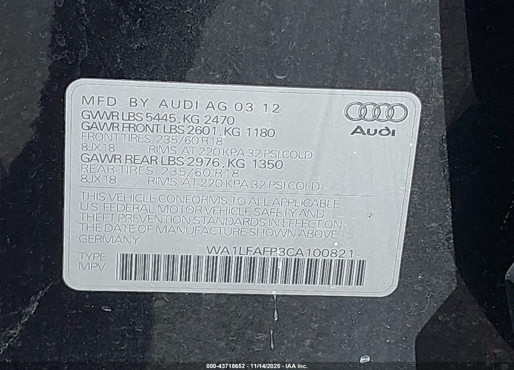 2012 AUDI Q5 2.0T PREMIUM VIN: WA1LFAFP3CA100821