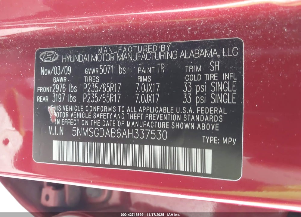 2010 HYUNDAI SANTA FE VIN: 5NMSGDAB6AH337530