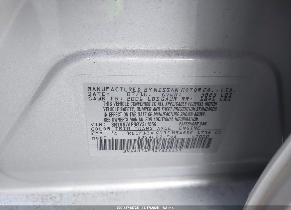 2016 NISSAN SENTRA SV VIN: 3N1AB7AP9GY311559