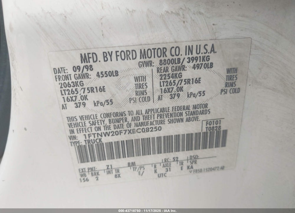 1999 FORD F-250 LARIAT/XL/XLT VIN: 1FTNW20F7XEC08250