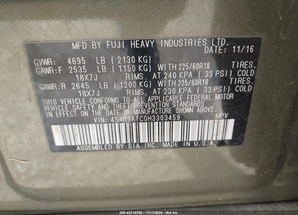2017 SUBARU OUTBACK VIN: 4S4BSATC0H3303459