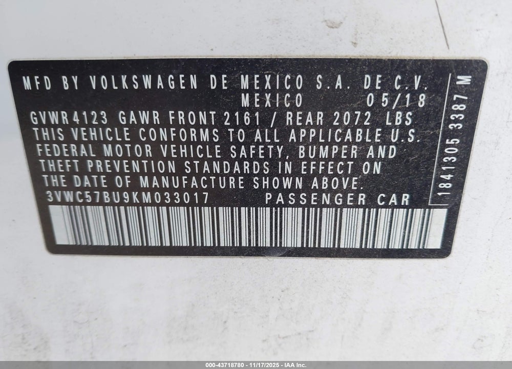 2019 VOLKSWAGEN JETTA 1.4T R-LINE/1.4T S/1.4T SE VIN: 3VWC57BU9KM033017